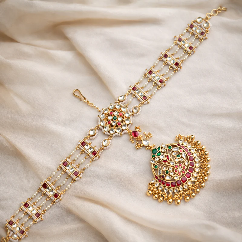 Grand Heavy Pachi Kundan Bridal Sheeshpool & Maang Tikka set